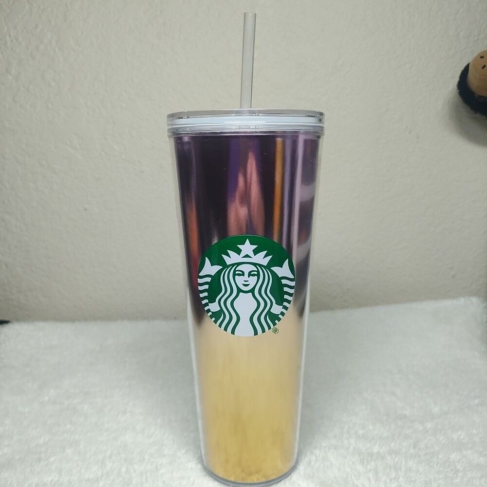 Starbucks Iridescent Cold Beverage Tumbler 24 oz  Pink/Gold Clear Lid And Straw